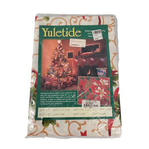 Yuletide Vintage Christmas Holiday Dining Fabric Tablecloth 52 X 70 IVORY HOLLY